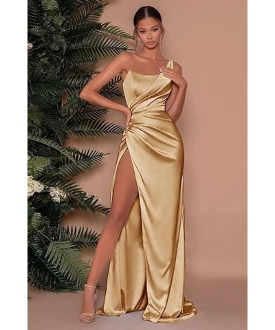 Women's One Shoulder Satin Prom Dresses Long Pleated Bridesmaid Dresses with Slit Formal Evening Gowns Red $22.00 Dresses