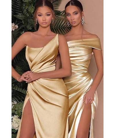 Women's One Shoulder Satin Prom Dresses Long Pleated Bridesmaid Dresses with Slit Formal Evening Gowns Red $22.00 Dresses