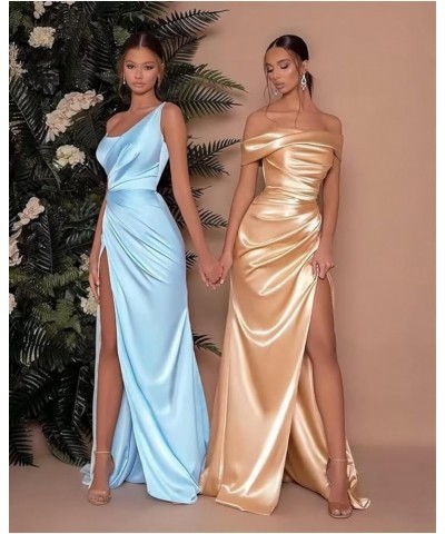 Women's One Shoulder Satin Prom Dresses Long Pleated Bridesmaid Dresses with Slit Formal Evening Gowns Red $22.00 Dresses