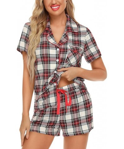 Women Pajamas Set Soft Button Down Sleepwear Short Sleeve Pjs Set Loungewear with Pockets Red&white Plaid $20.00 Sleep & Lounge