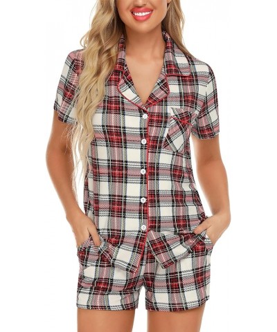 Women Pajamas Set Soft Button Down Sleepwear Short Sleeve Pjs Set Loungewear with Pockets Red&white Plaid $20.00 Sleep & Lounge