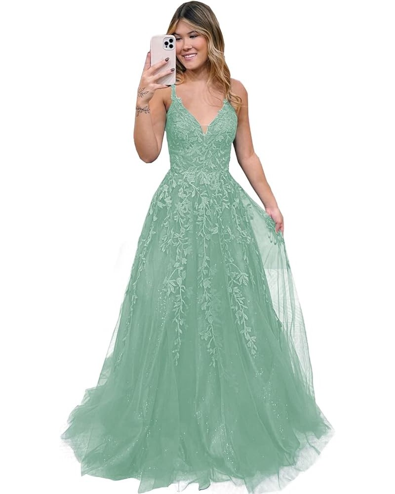 Women's V Neck Lace Long Prom Dresses 2024 Appliqued Tulle Ball Gown Formal Evening Dress for Teens BI007 Dusty Green $37.62 ...