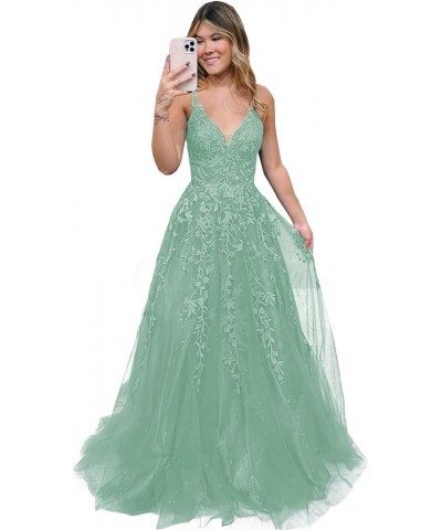 Women's V Neck Lace Long Prom Dresses 2024 Appliqued Tulle Ball Gown Formal Evening Dress for Teens BI007 Dusty Green $37.62 ...