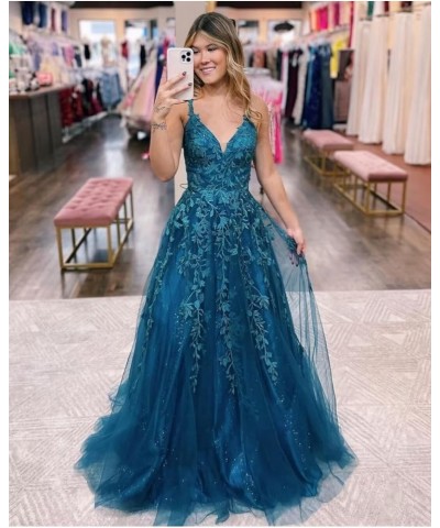 Women's V Neck Lace Long Prom Dresses 2024 Appliqued Tulle Ball Gown Formal Evening Dress for Teens BI007 Dusty Green $37.62 ...