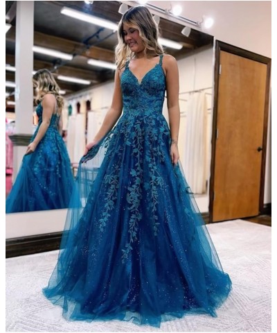 Women's V Neck Lace Long Prom Dresses 2024 Appliqued Tulle Ball Gown Formal Evening Dress for Teens BI007 Dusty Green $37.62 ...