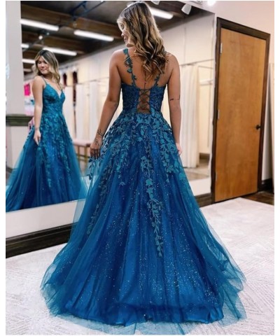 Women's V Neck Lace Long Prom Dresses 2024 Appliqued Tulle Ball Gown Formal Evening Dress for Teens BI007 Dusty Green $37.62 ...