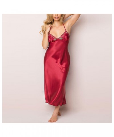 Womens Satin Nightgowns Chemise Spaghetti Strap Cami Sexy Sleepwear Lingerie Silk Nightwear Lounge Pajamas Babydoll Red-aa $8...