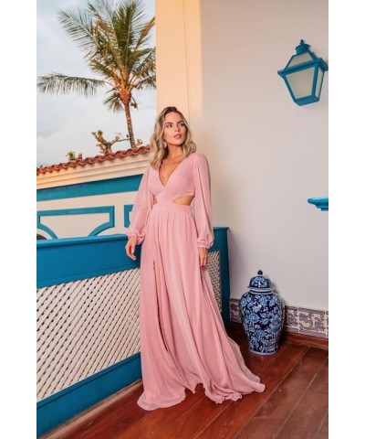 Women's V Neck Long Sleeve Bridesmaid Dresses Pleated Chiffon A Line Wrap Formal Evening Dress with Slit Red $33.79 Dresses