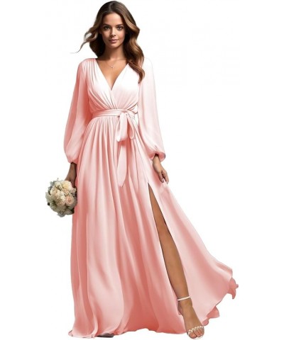 Long Sleeve Bridesmaid Dresses Chiffon V Neck Formal Evening Gown with Slit Blush Pink $22.50 Dresses