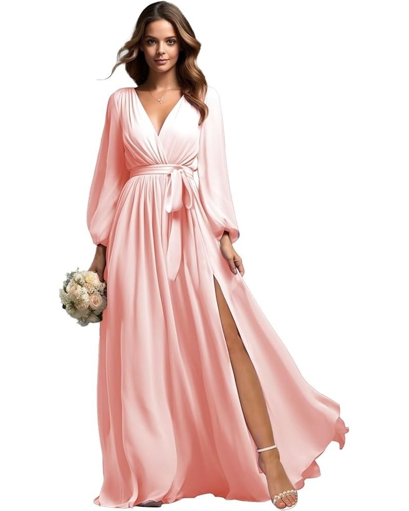 Long Sleeve Bridesmaid Dresses Chiffon V Neck Formal Evening Gown with Slit Blush Pink $22.50 Dresses