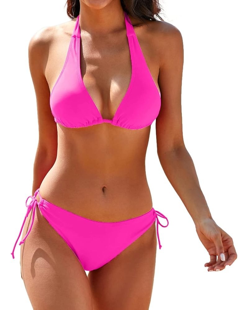 Women's Bikini Sets Two Piece Bathing Suits Sexy Textured Halter Padded Bikini Swimsuits Side Tie Thong Bottom Swimwear Pink ...