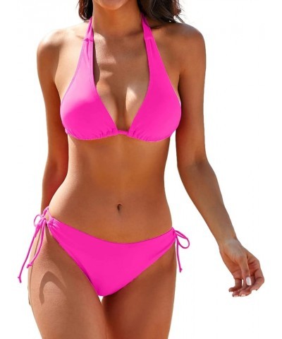 Women's Bikini Sets Two Piece Bathing Suits Sexy Textured Halter Padded Bikini Swimsuits Side Tie Thong Bottom Swimwear Pink ...