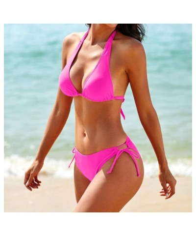 Women's Bikini Sets Two Piece Bathing Suits Sexy Textured Halter Padded Bikini Swimsuits Side Tie Thong Bottom Swimwear Pink ...