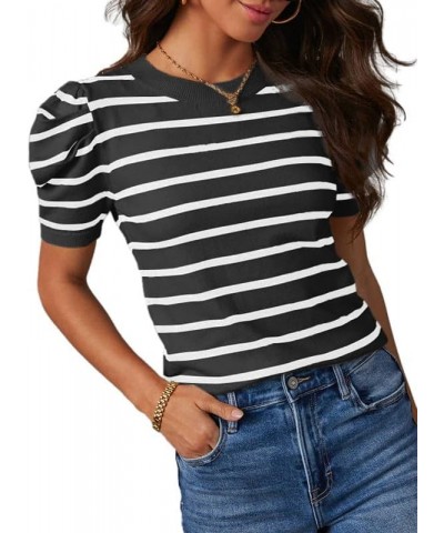 Women's Short Puff Sleeve Knit Tops 2024 Trendy Crewneck Striped T Shirts Casual Summer Blouses White Stripe $12.85 T-Shirts