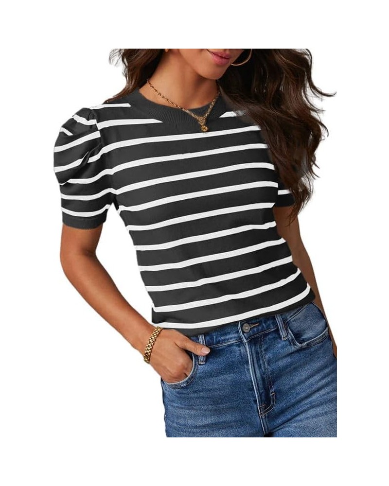 Women's Short Puff Sleeve Knit Tops 2024 Trendy Crewneck Striped T Shirts Casual Summer Blouses White Stripe $12.85 T-Shirts
