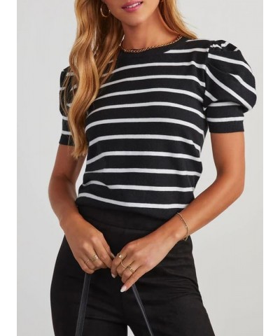 Women's Short Puff Sleeve Knit Tops 2024 Trendy Crewneck Striped T Shirts Casual Summer Blouses White Stripe $12.85 T-Shirts