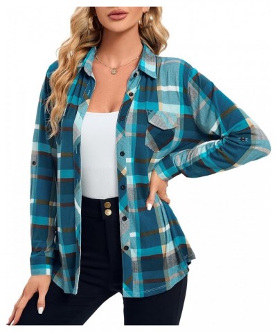 Womens Casual Cuffed Long Sleeve Boyfriend Button Down Plaid Flannel Shirt Tops Teal Blue Plaid $14.35 Blouses