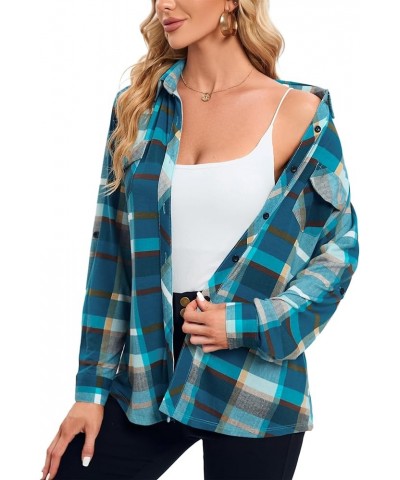 Womens Casual Cuffed Long Sleeve Boyfriend Button Down Plaid Flannel Shirt Tops Teal Blue Plaid $14.35 Blouses