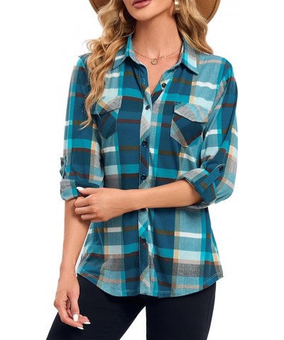 Womens Casual Cuffed Long Sleeve Boyfriend Button Down Plaid Flannel Shirt Tops Teal Blue Plaid $14.35 Blouses