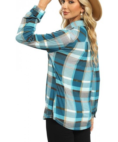 Womens Casual Cuffed Long Sleeve Boyfriend Button Down Plaid Flannel Shirt Tops Teal Blue Plaid $14.35 Blouses