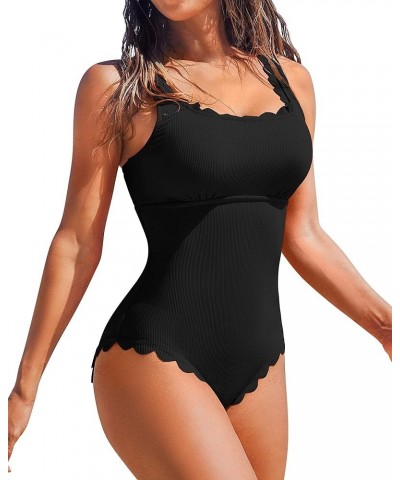 Womens Scalloped Ribbed One Piece Swimsuits Retro Square Neck Modest Bathing Suits Black $24.29 Swimsuits