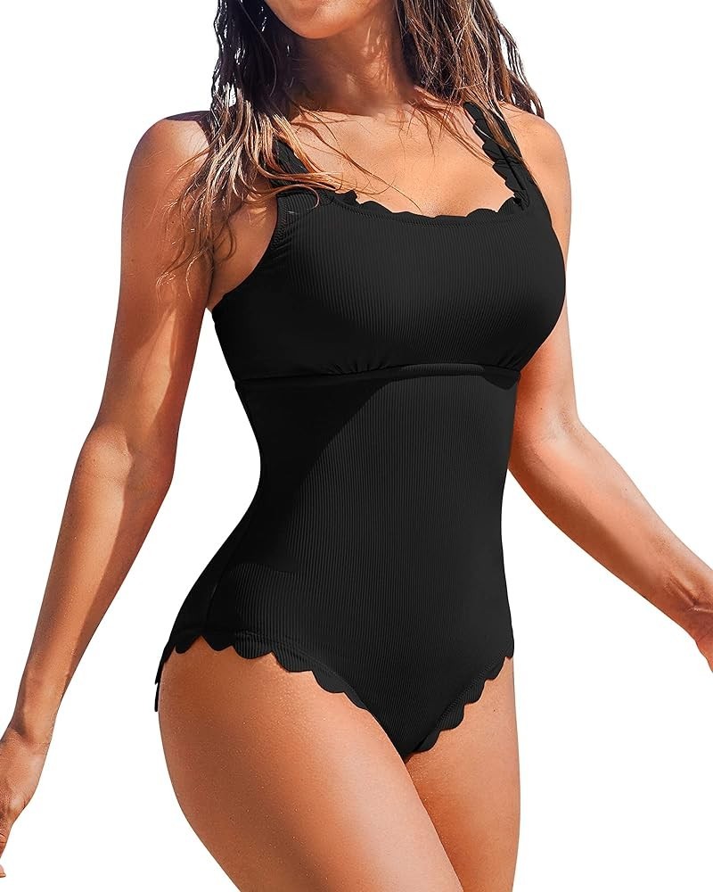 Womens Scalloped Ribbed One Piece Swimsuits Retro Square Neck Modest Bathing Suits Black $24.29 Swimsuits