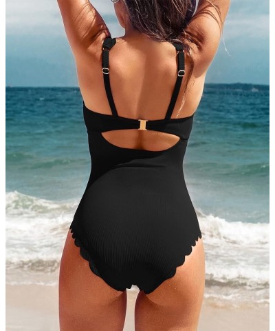 Womens Scalloped Ribbed One Piece Swimsuits Retro Square Neck Modest Bathing Suits Black $24.29 Swimsuits