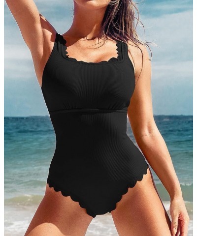 Womens Scalloped Ribbed One Piece Swimsuits Retro Square Neck Modest Bathing Suits Black $24.29 Swimsuits