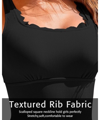 Womens Scalloped Ribbed One Piece Swimsuits Retro Square Neck Modest Bathing Suits Black $24.29 Swimsuits