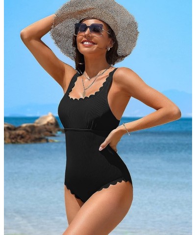 Womens Scalloped Ribbed One Piece Swimsuits Retro Square Neck Modest Bathing Suits Black $24.29 Swimsuits