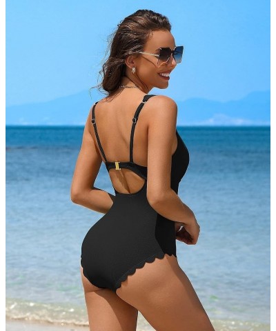 Womens Scalloped Ribbed One Piece Swimsuits Retro Square Neck Modest Bathing Suits Black $24.29 Swimsuits