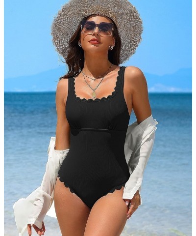 Womens Scalloped Ribbed One Piece Swimsuits Retro Square Neck Modest Bathing Suits Black $24.29 Swimsuits