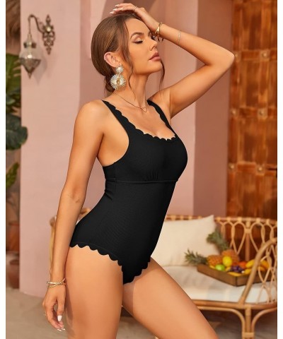 Womens Scalloped Ribbed One Piece Swimsuits Retro Square Neck Modest Bathing Suits Black $24.29 Swimsuits