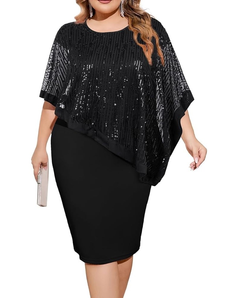 Women's Plus Size Glitter Sequin Pencil Dress Cape Dresses for Work Cocktail Party Black-tassel $19.11 Dresses