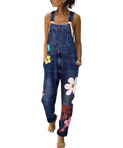 Women's Floral Print Denim Bib Overalls Casual Adjustable Strap Long Pants Romper Jumpsuits Dark Blue $23.09 Overalls