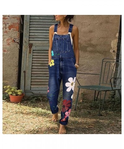 Women's Floral Print Denim Bib Overalls Casual Adjustable Strap Long Pants Romper Jumpsuits Dark Blue $23.09 Overalls