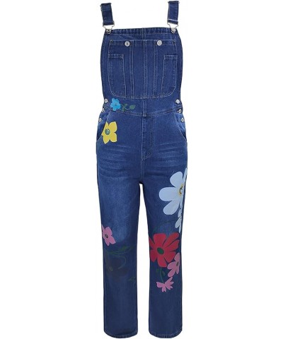 Women's Floral Print Denim Bib Overalls Casual Adjustable Strap Long Pants Romper Jumpsuits Dark Blue $23.09 Overalls