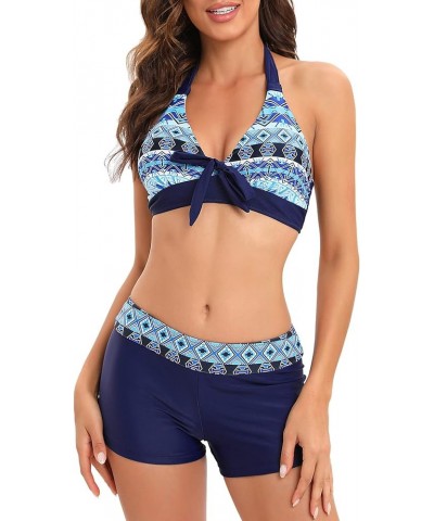 Women's Sporty Two Piece Swimsuits Halter Push Up Bathing Suits Athletic Swimwear for Women Blue Geometric $16.81 Swimsuits