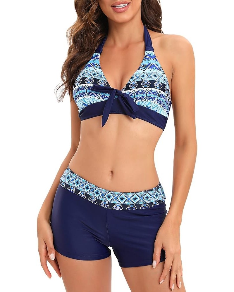 Women's Sporty Two Piece Swimsuits Halter Push Up Bathing Suits Athletic Swimwear for Women Blue Geometric $16.81 Swimsuits