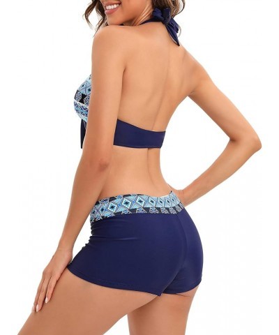 Women's Sporty Two Piece Swimsuits Halter Push Up Bathing Suits Athletic Swimwear for Women Blue Geometric $16.81 Swimsuits