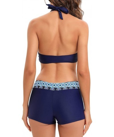 Women's Sporty Two Piece Swimsuits Halter Push Up Bathing Suits Athletic Swimwear for Women Blue Geometric $16.81 Swimsuits