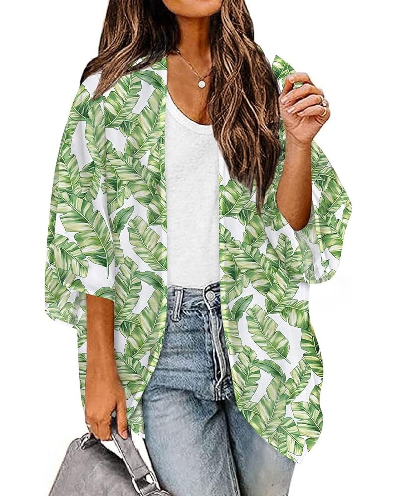 Women's Boho Kimono Cardigans Casual Open Front Long Chiffon Cover Ups 06 Leaf/White $10.74 Swimsuits