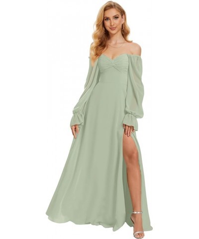 Long Sleeve Bridesmaid Dresses with Slit Ruched Chiffon Formal Evening Dress for Wedding Guest Lavender $31.89 Dresses