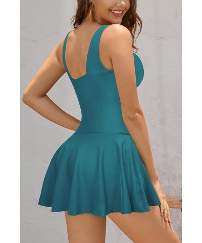 Women's V Neck One Piece Skirt Swimsuit Ruched Retro Swimdress Bathing Suit Deep Green $23.73 Swimsuits