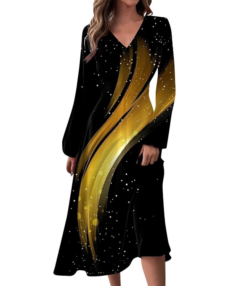 Summer Women Dresses 2024 V Neck Long Sleeve Boho Flowy Loose A-Line Midi Dress Floral Printed Dress 04-gold $11.04 Underwear