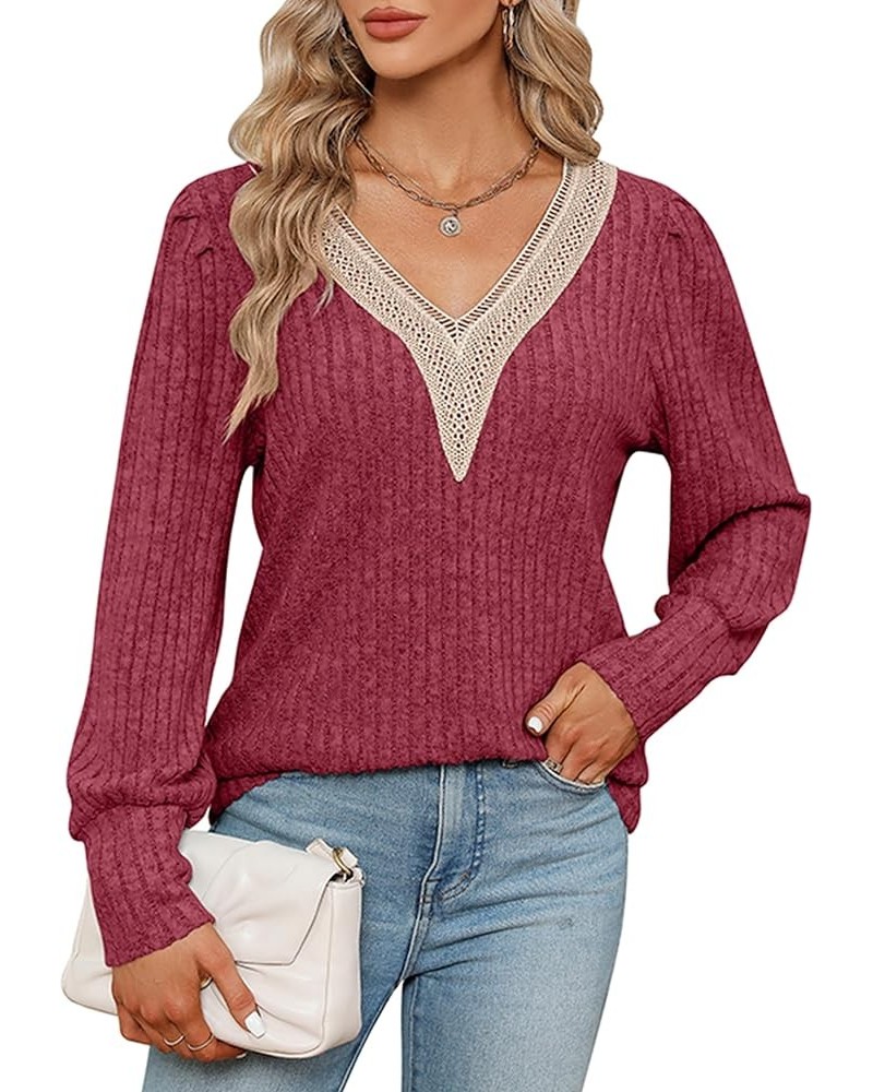 Women's Casual Lace V Neck T Shirts Dressy Lantern Long Sleeve Blouses Loose Tunic Tops Wine Red $14.54 Tops