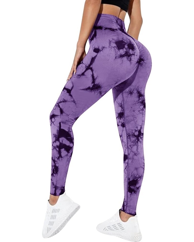 Gym Leggings Womens Scrunch Seamless Leggings High Waist Tie Dye Tummy Control Sports Tights Yoga Running Fitness Purple $14....