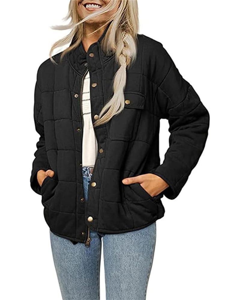 Womens Quilted Puffer Jackets Baggy Lightweight Zipper Button Short Padded Down Coats Warm Outwear Tops with Pockets B-black ...
