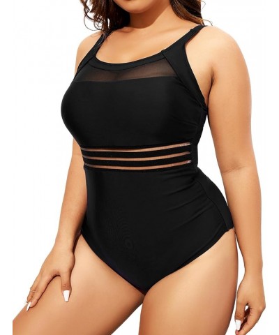 Women One Piece Swimsuits Plus Size Mesh High Neck Vintage Bathing Suits Black $14.84 Swimsuits