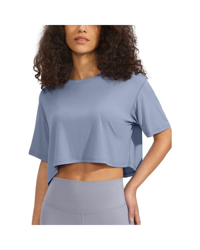 Women's Workout Crop Tops Short Sleeve Loose Fit Cropped T-Shirt Gym Athletic Yoga Shirts for Women Dusty Blue $12.53 Activewear